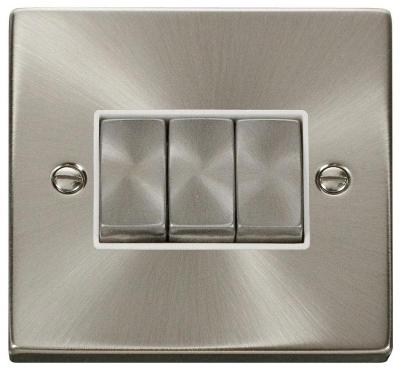 Light Switch, 3 Gang, 2 Way, 10AX, Satin Chrome - VPSC413WH