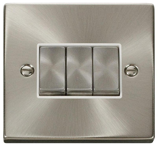 Light Switch, 3 Gang, 2 Way, 10AX, Satin Chrome - VPSC413WH