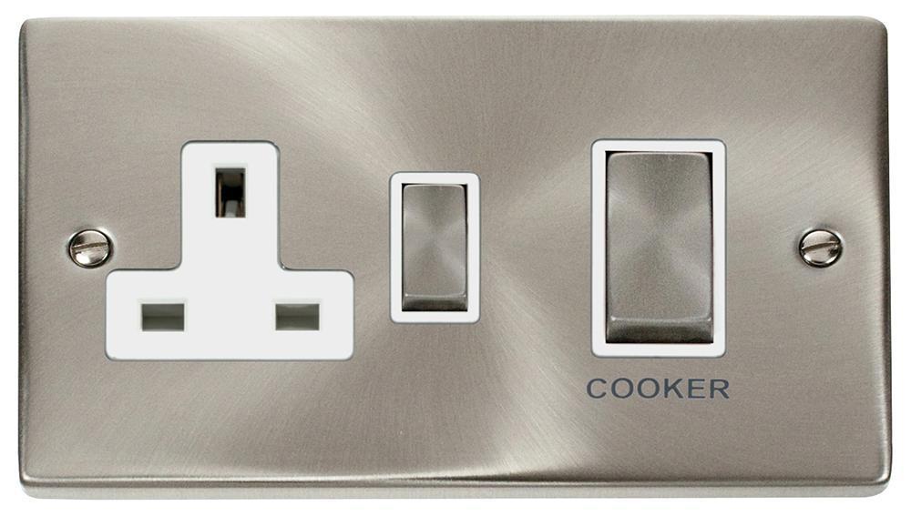 Double Pole Cooker Switch & Switched Socket, 2 Gang, 45A, Satin Chrome - VPSC504WH