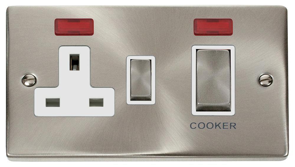 Double Pole Cooker Switch & Switched Socketwith Neons, 2 Gang, 45A, Satin Chrome - VPSC505WH