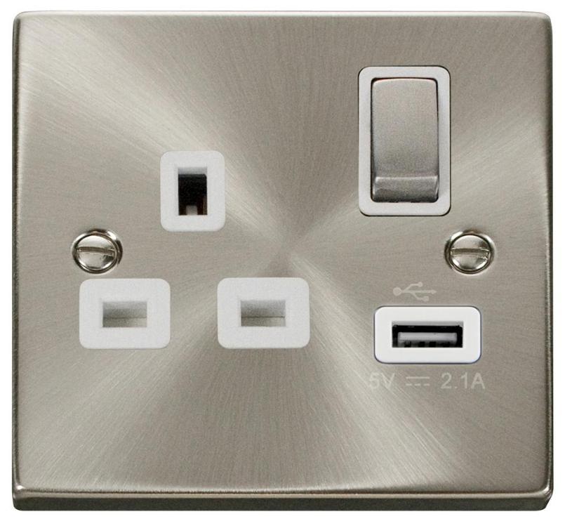 Switched Socket with USB A Socket, 1 Gang, Double Pole, 13A, Satin Chrome - VPSC571UWH