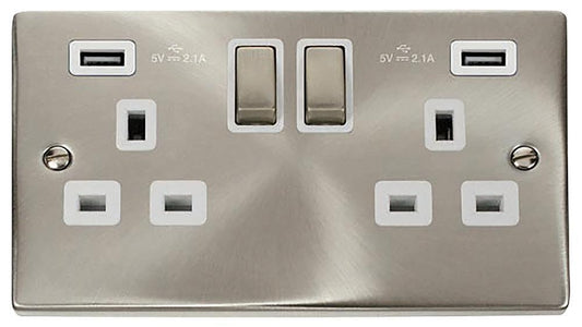 Switched Sockets with 2x USB A Sockets, 2 Gang, Double Pole, 13A, Satin Chrome - VPSC580WH