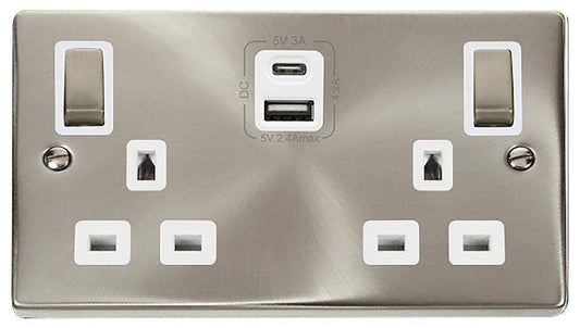 Switched Sockets with USB A & USB C Sockets, 2 Gang, Double Pole, 13A, Satin Chrome - VPSC586WH