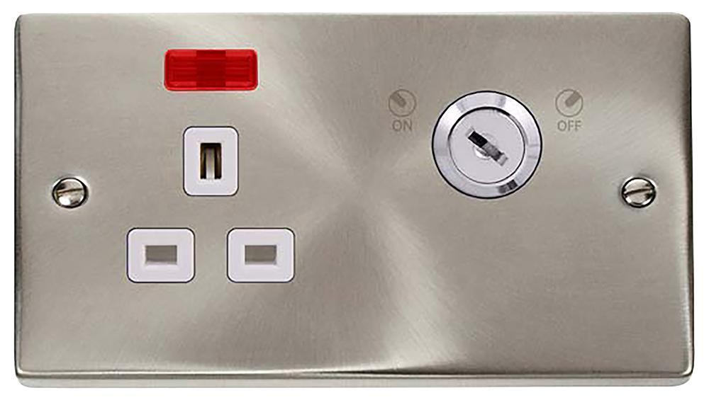 Key Lockable Switched Socket with Neon, 2 Gang, Double Pole, 13A, Satin Chrome - VPSC655WH