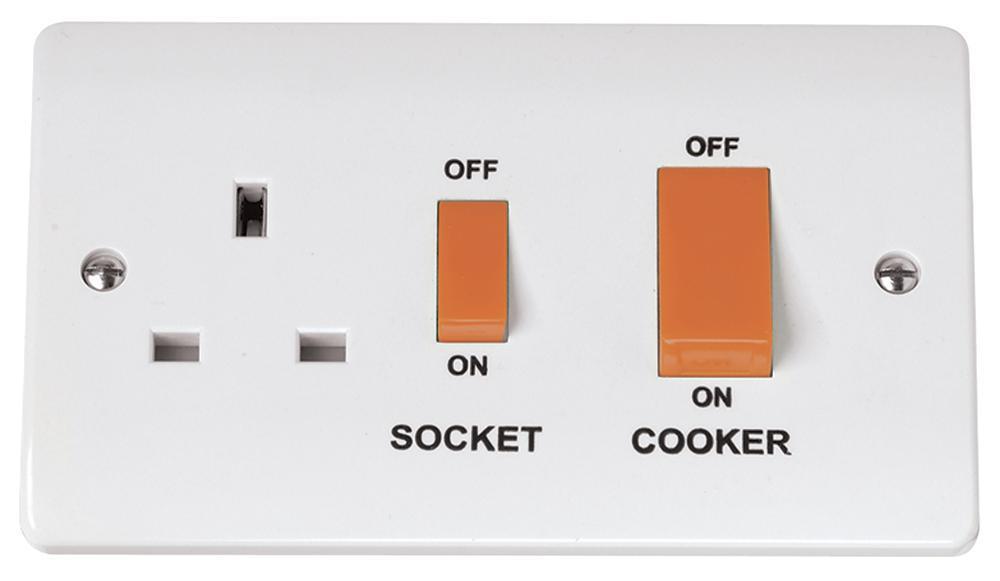 Double Pole Cooker Switch & Switched Socket, 2 Gang, 45A, White - CMA204