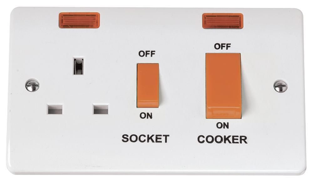 Double Pole Cooker Switch & Switched Socket with Neons, 2 Gang, 45A, White - CMA205