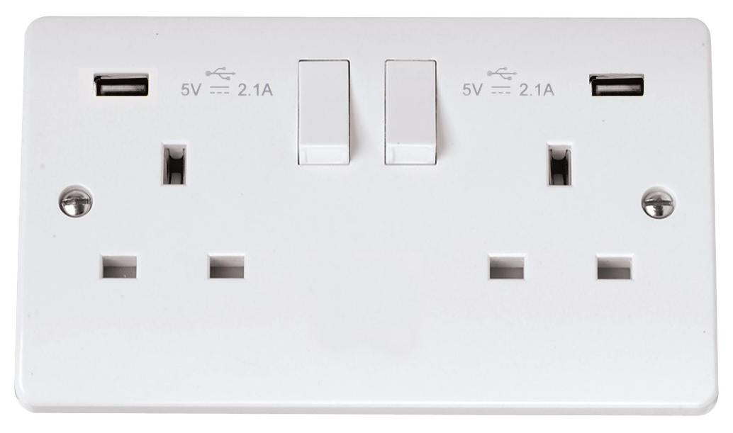 Switched Sockets with 2x USB A Sockets, 2 Gang, Double Pole, 13A, White - CMA780