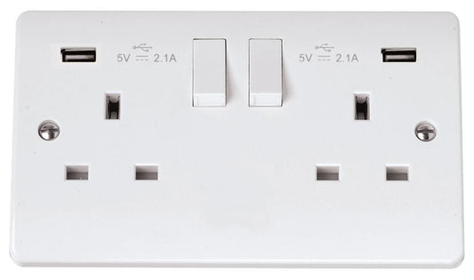 Switched Sockets with 2x USB A Sockets, 2 Gang, Double Pole, 13A, White - CMA780