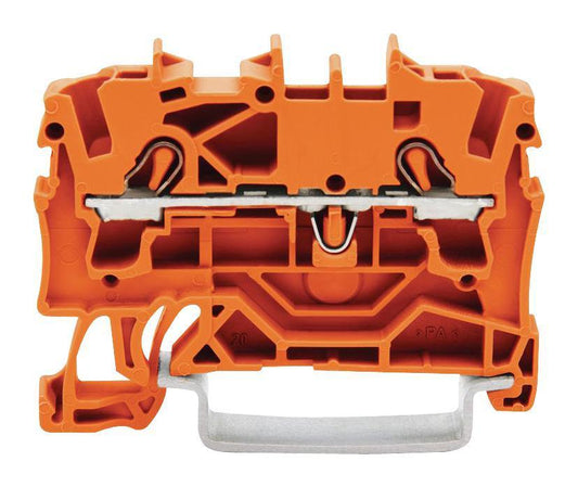 2 Conduct Through Terminal Block, Push in Cage Clamp, 35mm DIN Rail Mount, 22AWG to 12AWG, 800V, 24A, Orange - 2002-1202