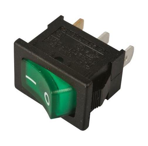 Rocker Switch, On Off, SPST, Panel Mount, 19mm x 13mm, Green Illuminated, 12V DC - MP004429