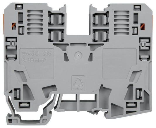 2 Conductor Through Terminal Block, 35mm x 15mm DIN Rail, Power Cage Clamp, 8AWG to 2AWG, 600V, 125A, Grey - 285-135