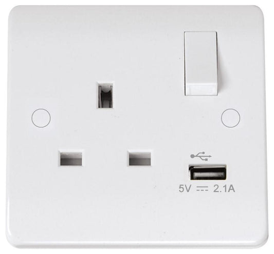 Switched Socket with USB A Socket, 1 Gang, Double Pole, 13A, White - CMA771U