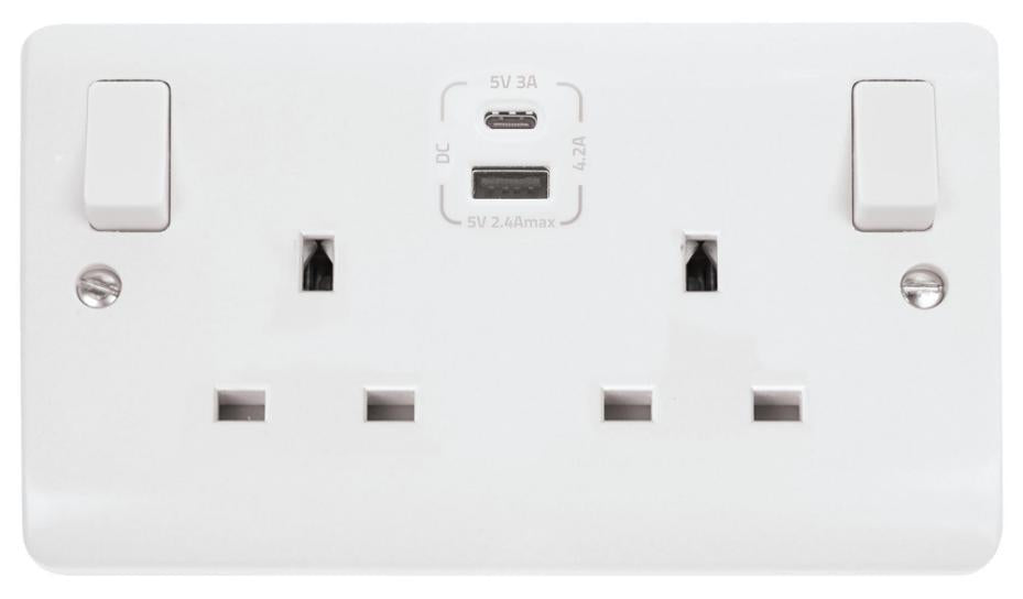 Switched Sockets with USB A & USB C Sockets, 2 Gang, Double Pole, 13A, White - CMA786