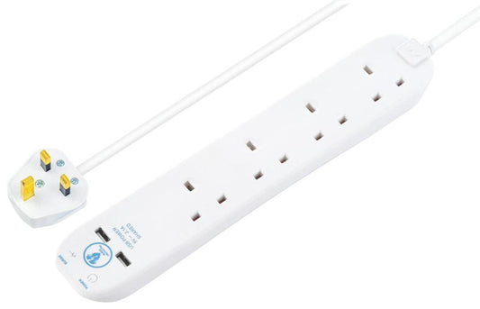 Mains Extension Lead with Surge Protection & USB, 4 Gang, 2x USB A, 4m, White - SRGU44N-MP