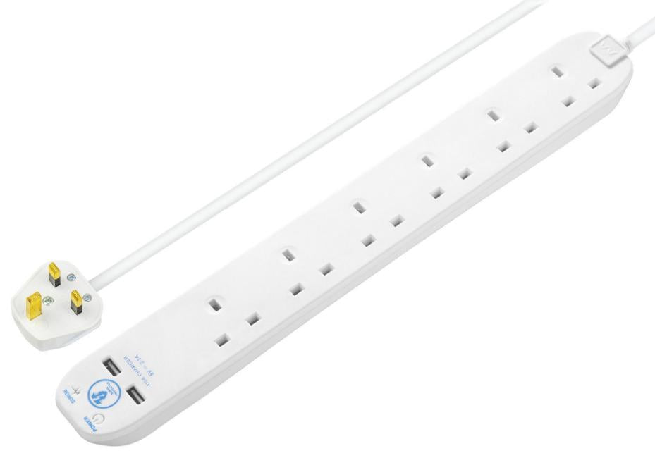 Mains Extension Lead with Surge Protection & USB, 6 Gang, 2x USB A, 2m, White - SRGU6210N-MP