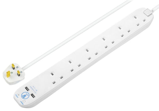 Mains Extension Lead with Surge Protection & USB, 6 Gang, 2x USB A, 2m, White - SRGU6210N-MP