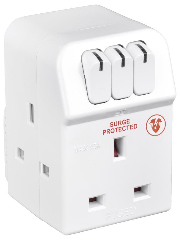 Switched Mains Adaptor with Surge Protection, 3 Gang, White - MSWRG3-MP