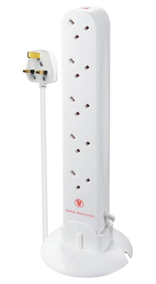 Mains Extension Tower with Surge Protection, 10 Gang, 1m, White - SRGTOW10110-MP