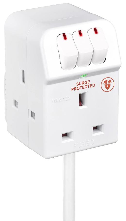 Switched Mains Adaptor with Surge Protection, 3 Gang, 2m, White - SWSRG3210C-MP