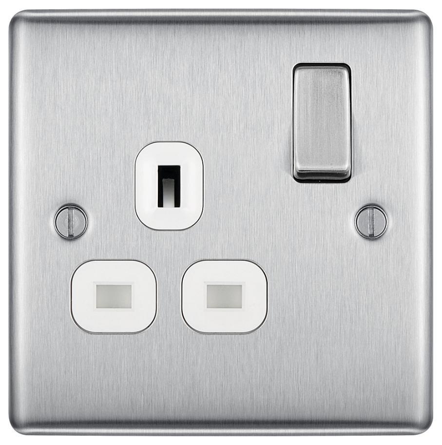 Switched Mains Socket, 1 Gang, 13A, Brushed Steel - NBS21G-01