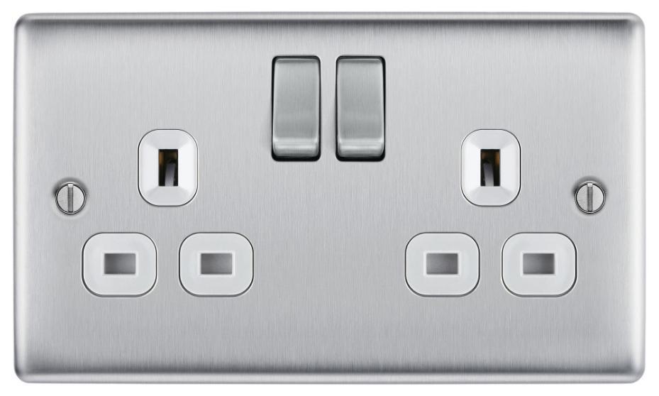 Switched Mains Socket, 2 Gang, 13A, Brushed Steel - NBS22G-01