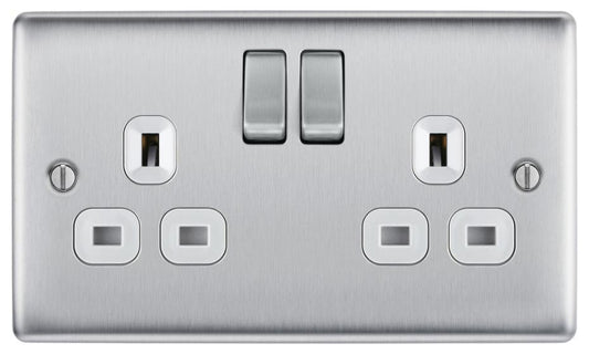 Switched Mains Socket, 2 Gang, 13A, Brushed Steel - NBS22G-01