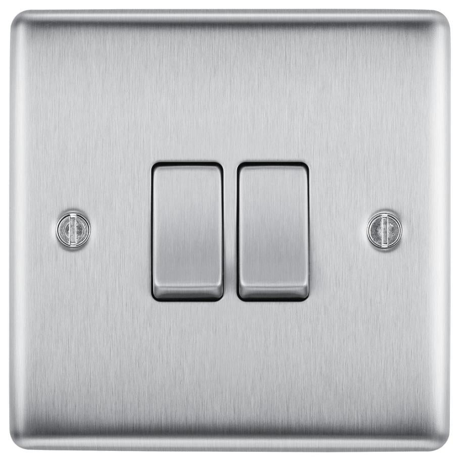 Light Switch, 2 Gang, 2 Way, 20A, 16AX, Brushed Steel - NBS42-01