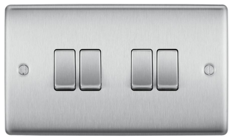 Light Switch, 4 Gang, 2 Way, 20A, 16AX, Brushed Steel - NBS44-01