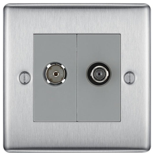 Double Coaxial & Satellite Socket, Brushed Steel - NBS65-01