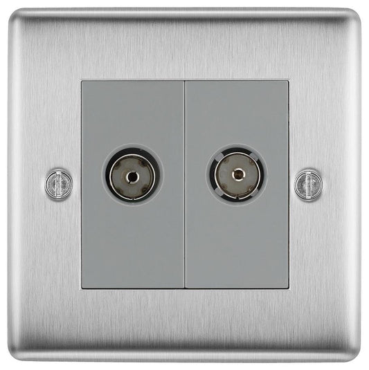 Double FM & TV Socket, Brushed Steel - NBS66-01