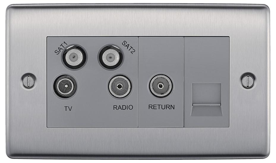 Quad FM, TV, 2x Satellite, & Coaxial Return + BT Outlet Socket, Brushed Steel - NBS69-01