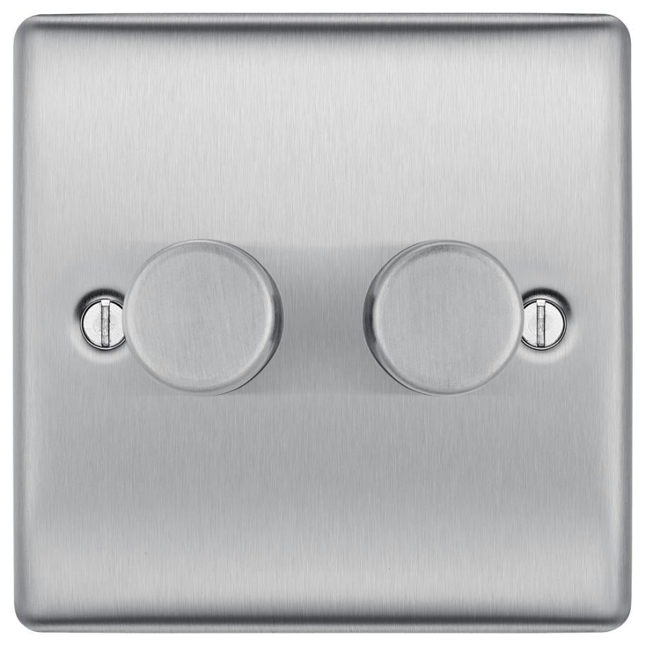 Dimmer Switch, 2 Gang, 2 Way, 200W, Brushed Steel - NBS82-01