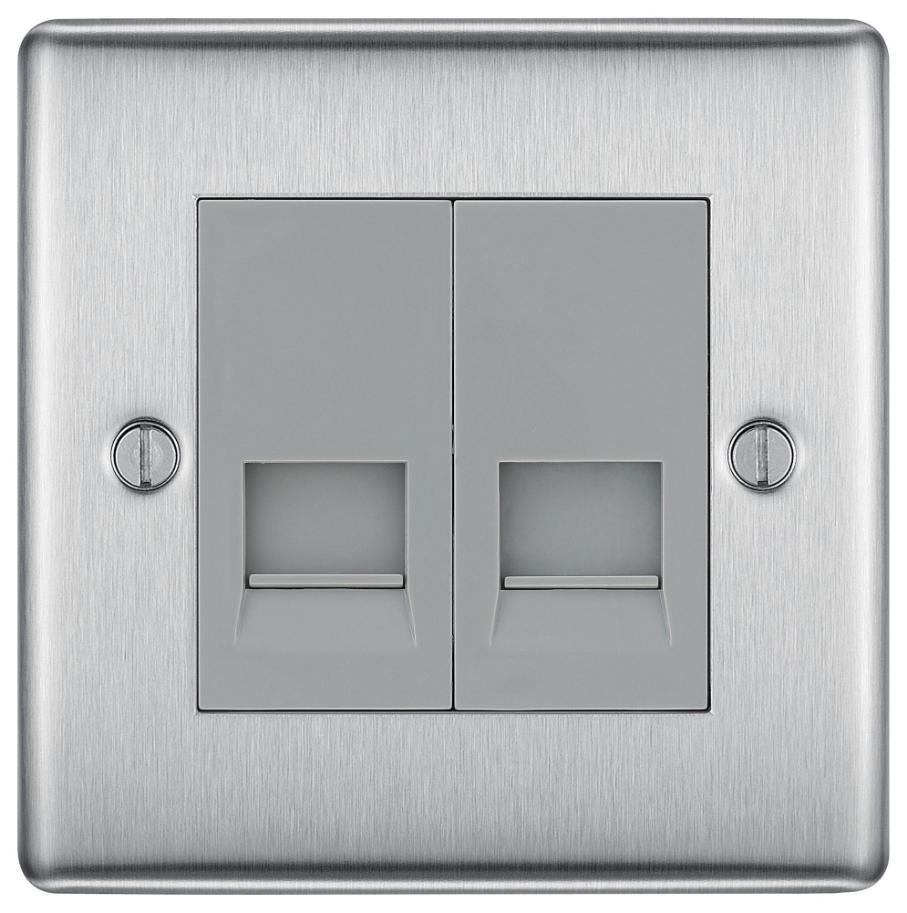 Telephone Socket, 2 Gang, Main, Brushed Steel - NBSBTM2-01