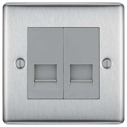 Telephone Socket, 2 Gang, Main, Brushed Steel - NBSBTM2-01