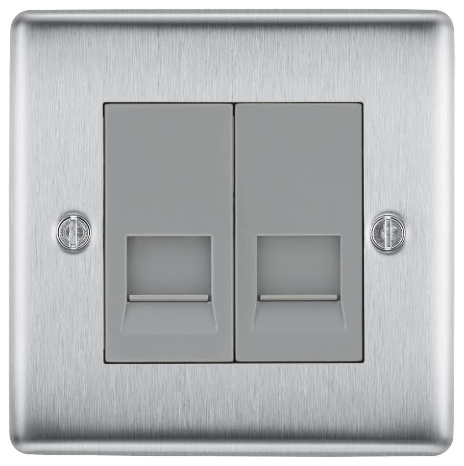 Telephone Socket, RJ11, 2 Gang, Brushed Steel - NBSRJ112-01