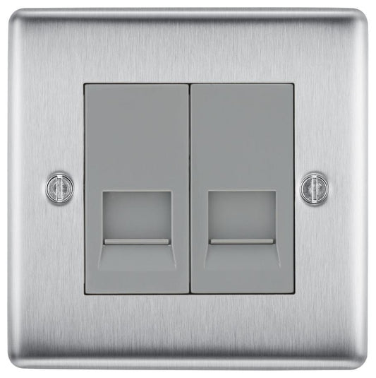 Telephone Socket, RJ11, 2 Gang, Brushed Steel - NBSRJ112-01