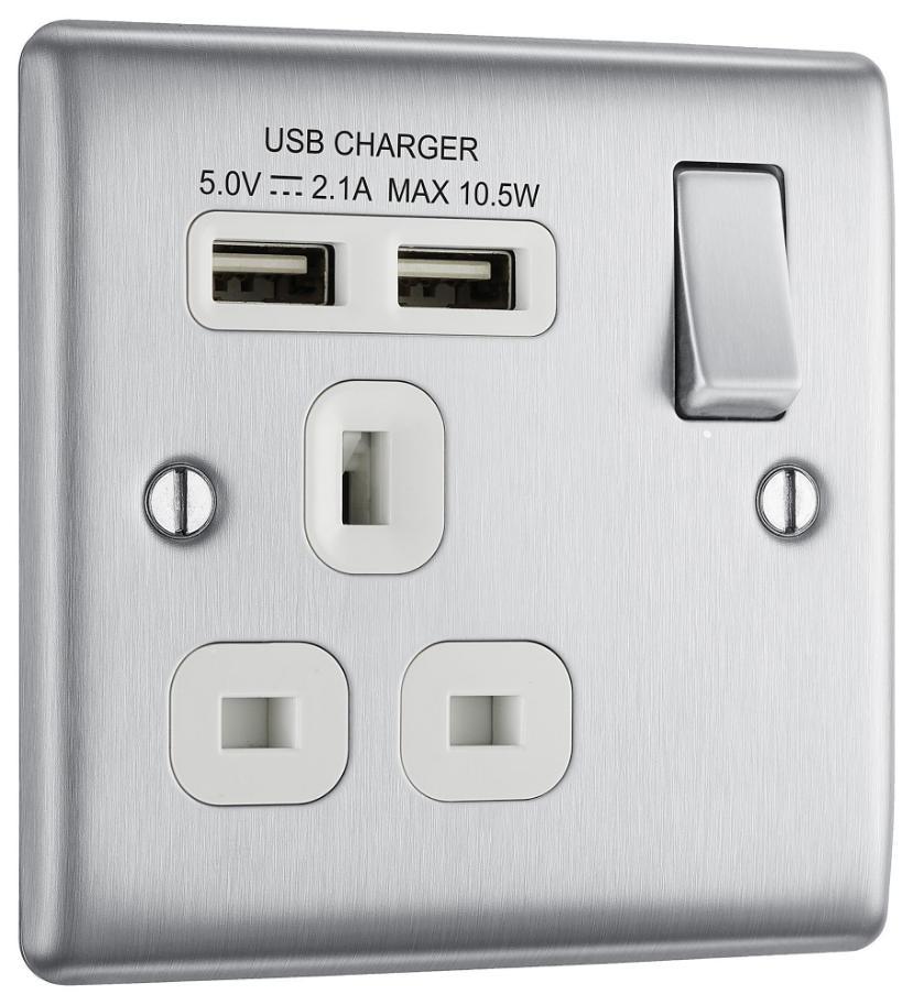 Switched Mains Socket with USB, 1 Gang, 2x USB A, 13A, Brushed Steel - NBS21U2G-01