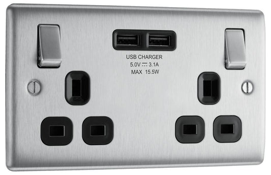 Switched Mains Socket with USB, 2 Gang, 2x USB A, 13A, Brushed Steel, Black Insert - NBS22U3B-01