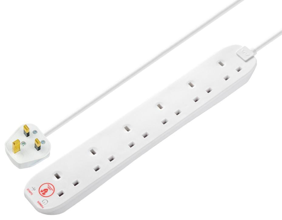 Mains Extension Lead with Surge Protection, 6 Gang, 2m, White - SRG6210N-MP